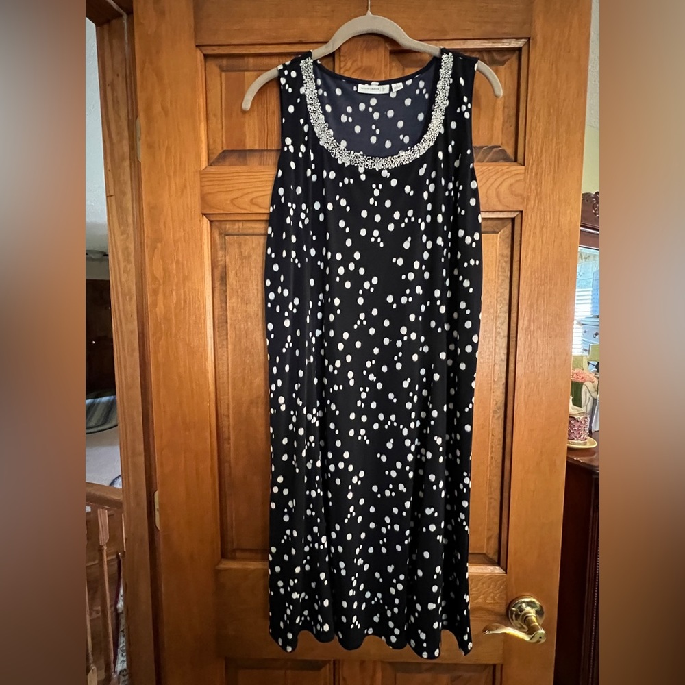 Susan Graver Large Navy with white dots sleeveless dress.